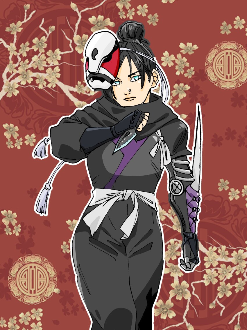 1girl absurdres animification apex_legends belt black_gloves black_hair black_jumpsuit blue_eyes chouson cosplay_request fullmetal_alchemist gloves grey_belt hair_behind_ear hair_bun hair_ribbon highres holding holding_knife hope&#039;s_dusk_(apex_legends) jumpsuit knife kunai lan_fan light_frown looking_at_viewer mask mask_on_head ninja no_pupils nose_piercing piercing ribbon single_hair_bun solo weapon white_ribbon wraith_(apex_legends)