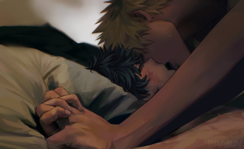 2boys adam&#039;s_apple bakugou_katsuki blonde_hair boku_no_hero_academia closed_eyes commentary couple dyn4bun earrings eyelashes facial_scar from_side green_hair hashtag-only_commentary highres holding_hands interlocked_fingers jewelry kiss male_focus midoriya_izuku multiple_boys open_mouth piercing pillow realistic scar scar_on_cheek scar_on_face short_hair sweat twitter_username upper_body yaoi