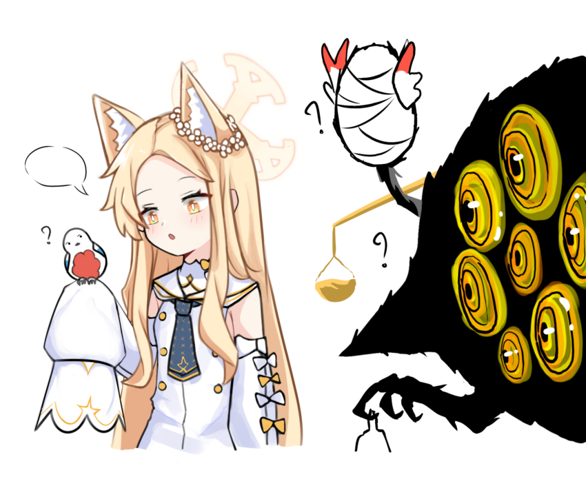 1girl :o ? animal_ear_fluff animal_ears armpit_crease balance_scale big_bird_(project_moon) bird bird_on_hand blank_speech_bubble blonde_hair blue_archive blue_necktie bow commentary cropped_torso crossover cross_halo detached_sleeves dress english_commentary extra_ears flower forehead fox_ears fox_girl hair_flower hair_ornament halo hand_up highres judgement_bird lobotomy_corporation long_hair looking_at_animal necktie open_mouth project_moon punishing_bird sari_(zakura27502762) seia_(blue_archive) sidelocks simple_background sleeveless sleeveless_dress sleeves_past_fingers sleeves_past_wrists solo speech_bubble very_long_hair weighing_scale white_background white_bird white_bow white_dress white_flower yellow_bow yellow_eyes yellow_halo