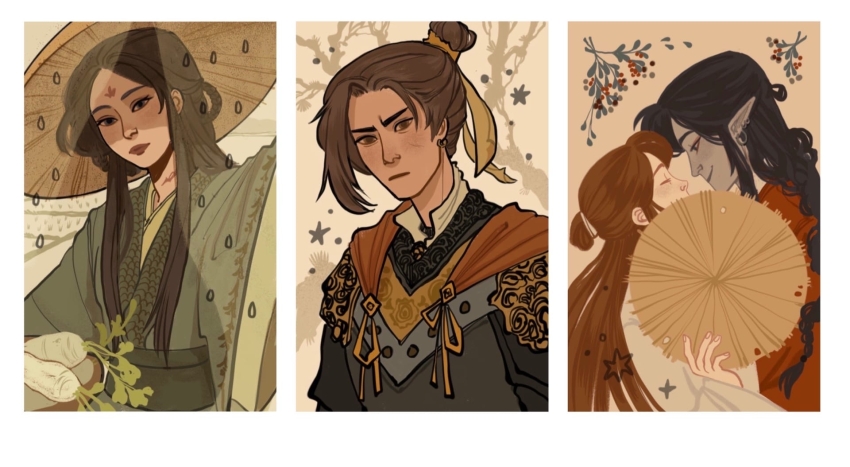 1girl 3boys armor black_eyes black_hair border braid brown_eyes brown_hair brown_hat cape chinese_clothes closed_eyes closed_mouth collage colored_skin earrings expressionless eyeliner facial_mark feng_xin food forehead_mark frown green_hanfu grey_skin hair_bun hanfu hat height_difference highres holding holding_food holding_unworn_clothes holding_unworn_hat holding_vegetable hua_cheng imminent_kiss jewelry long_hair long_sleeves makeup multiple_boys multiple_earrings orange_cape outdoors portrait red_eyeliner red_hanfu ribbon rice_hat russian_commentary see-through_clothes see-through_veil shoulder_armor single_braid single_hair_bun smile tianguan_cifu unworn_hat unworn_headwear vegetable veil white_border white_hanfu xie_lian yaoi yaroslava_murashko yellow_ribbon yushi_huang
