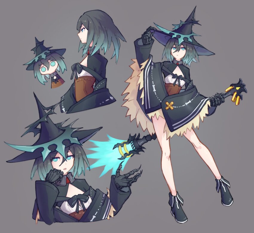 1girl black_footwear black_hair black_hat black_rock_shooter black_rock_shooter_arcana blue_eyes crossed_bangs dress elder_caster gradient_hair grey_background hat highres medium_hair mehyuew39 multicolored_hair short_dress skeletal_hand unconventional_broom witch_hat