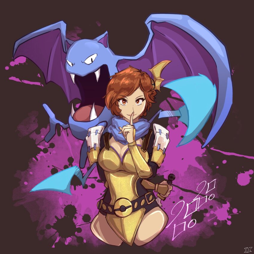 antisocialmicro arm_behind_back armor belt breasts brown_eyes brown_hair cleavage finger_to_mouth fingernails gen_1_pokemon golbat hair_ornament highres holding holding_weapon japanese_clothes knife large_breasts leotard lips long_bangs looking_at_viewer medium_hair nail_polish nene nene_(sengoku_musou) nintendo pink_nails poke_ball_symbol pokemon pokemon_conquest sengoku_musou smile swept_bangs thick_thighs thighs weapon