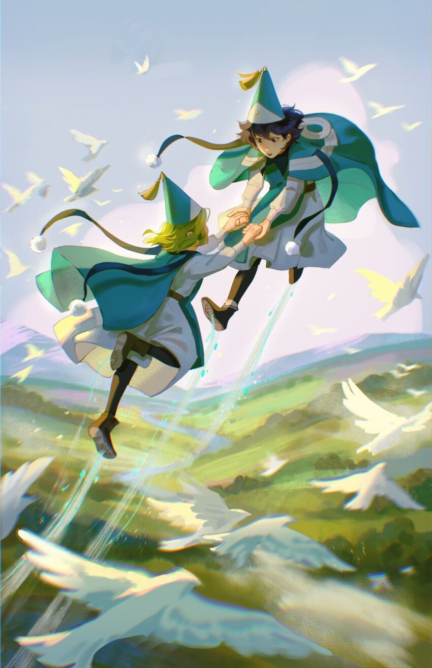 2girls agott_(tongari_boushi_no_atelier) bird black_hair blonde_hair cape character_request coco_(tongari_boushi_no_atelier) day dress eye_contact field flying highres holding_hands horizon jenishiiarts looking_at_another mountainous_horizon multiple_girls pointy_hat shoes short_hair sky stream sunlight tongari_boushi_no_atelier water white_dress wind