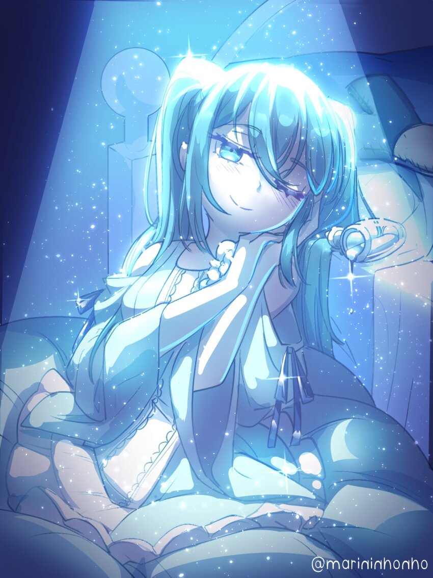 1girl ;) aqua_eyes aqua_hair aqua_theme bare_shoulders bed bed_sheet blue_ribbon bottle clothing_cutout colored_skin dress_flower dress_ribbon evillious_nendaiki flask flower frilled_sleeves frills hair_between_eyes half-closed_eyes hatsune_miku head_rest highres kneeling light_blush light_particles limited_palette long_hair looking_at_viewer margarita_blankenheim marininho nemurase_hime_kara_no_okurimono_(vocaloid) one_eye_closed pale_skin ribbon shoulder_cutout smile solo sparkle stuffed_food stuffed_spring_onion stuffed_toy twintails twitter_username very_long_hair vocaloid white_skin wide_sleeves
