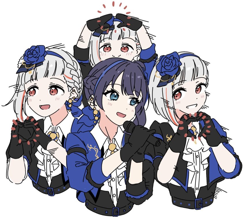 2girls 4th_live_dream_~bloom_the_dream_believers~ :d afterimage arms_up ascot asymmetrical_hair black_gloves black_jacket blue_eyes blue_flower blue_hair blue_hairband blue_jacket blue_rose blush braid c: closed_mouth collared_shirt commentary_request compass_(love_live!) cropped_torso dollchestra dress_shirt flower flower_hairband gloves grey_hair hairband half_up_braid heart heart_hands highres jacket link!_like!_love_live! llkapital long_hair looking_at_viewer love_live! motion_lines multicolored_hair multicolored_jacket multiple_girls murano_sayaka official_alternate_costume official_alternate_hairstyle open_mouth red_eyes red_hair rose shirt short_hair side_braid simple_background smile speed_lines split_mouth streaked_hair three-quarter_sleeves two-tone_jacket virtual_youtuber white_ascot white_background white_shirt yugiri_tsuzuri