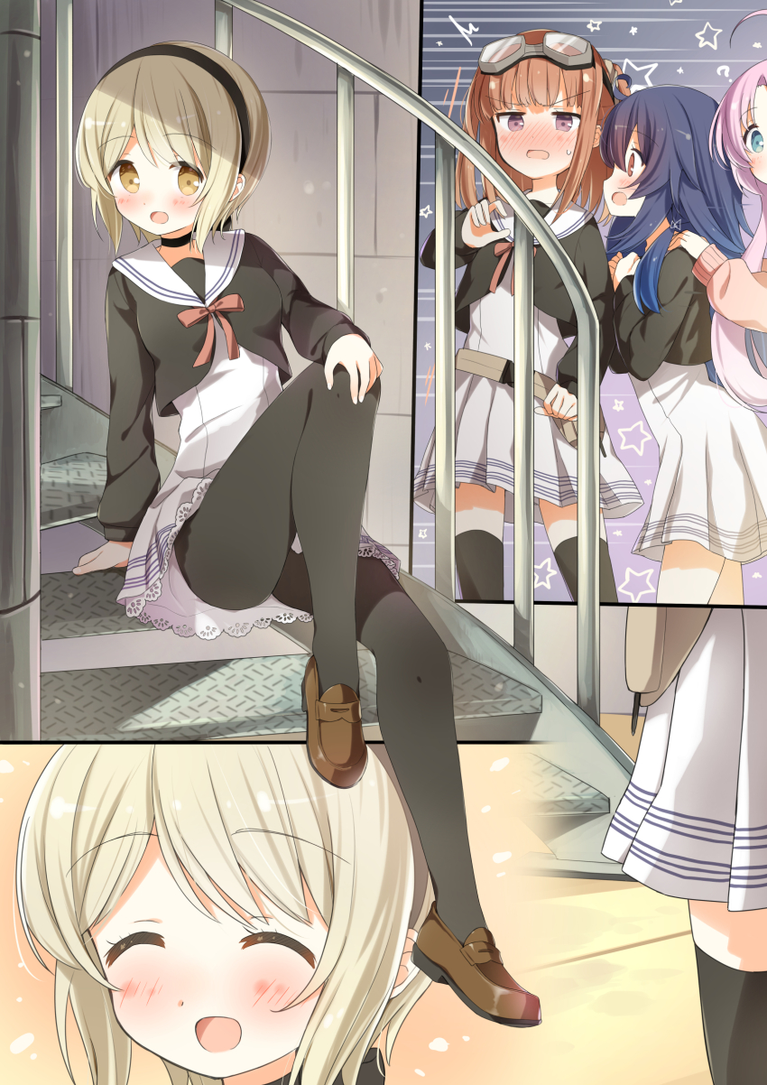 4girls ahoge akeuchi_yuu black_choker black_hairband black_pantyhose black_shirt black_thighhighs blonde_hair blue_eyes blue_hair blush brown_eyes cardigan choker dress fujinomisaki_school_uniform goggles hairband highres hoshikuzu_telepath ichiyo12 konohoshi_umika loafers long_hair long_sleeves multiple_girls pantyhose pink_cardigan pink_hair pink_ribbon pleated_dress raimon_matataki ribbon school_uniform shirt shirt_over_dress shoes short_dress short_hair sitting sitting_on_stairs stairs takaragi_haruno thighhighs tool_belt two_side_up white_dress yellow_eyes