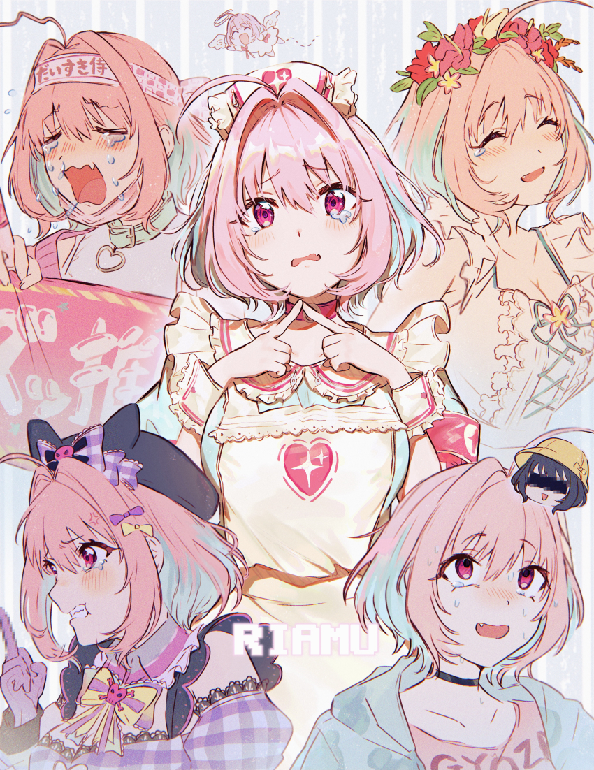 1girl absurdres ahoge apron banner blue_hair blue_hoodie breasts character_name chibi chibi_inset closed_eyes collar crying dress hairband hamachamu hat head_wreath highres holding_banner hood hoodie idol_clothes idolmaster idolmaster_cinderella_girls index_fingers_together large_breasts medium_hair middle_finger multicolored_hair multiple_views nurse_cap open_mouth pink_eyes pink_hair pink_shirt purple_dress shirt tearing_up two-tone_hair white_apron white_dress yumemi_riamu
