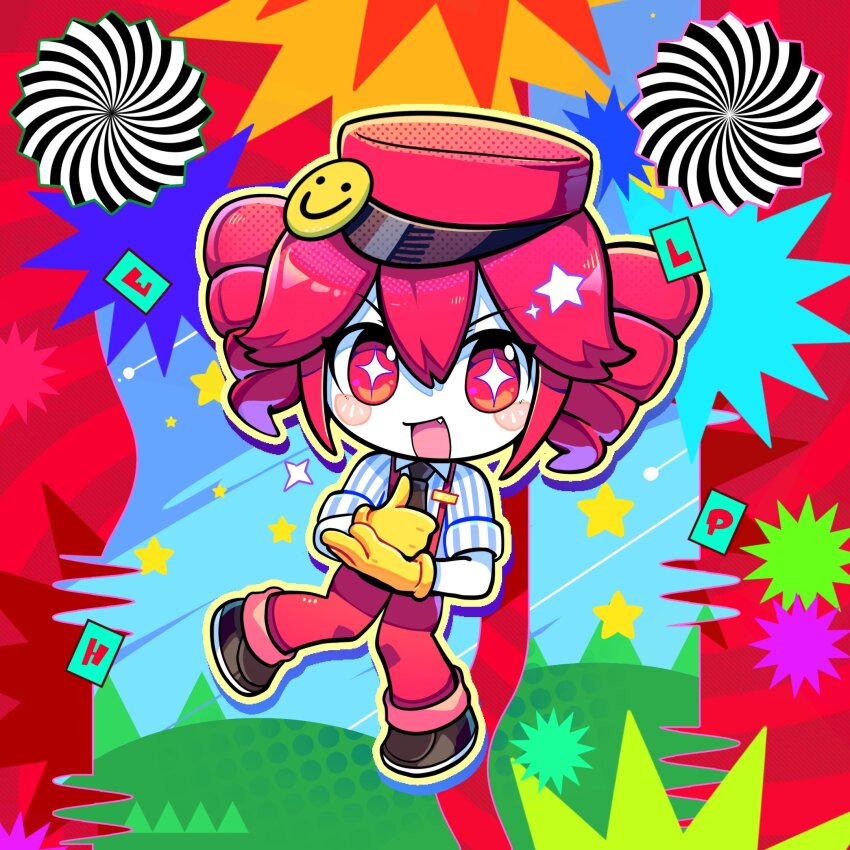 alternate_costume black_necktie black_shoes blue_sky blush collared_shirt double-parted_bangs drill_hair fang full_body hair_between_eyes hat help_(american_sign_language) highres kasane_teto mesmerizer_(vocaloid) necktie open_mouth pants red_eyes red_hair red_hat red_pants shirt shoes short_sleeves sky smiley_hat_ornament spiral star-shaped_pupils star_(symbol) symbol-shaped_pupils thumbs_up twin_drills utau visor_cap zs_zealsummer
