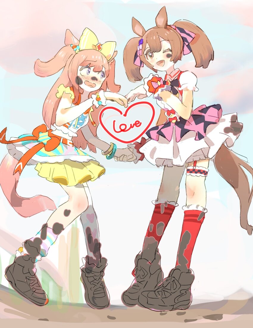 2girls ;d agnes_digital_(umamusume) animal_ears asymmetrical_legwear belt black_ribbon blue_eyes blush bow bracelet breasts brown_hair brown_tail dirty dirty_clothes dirty_face double_horizontal_stripe dress frilled_thigh_strap hair_bow hair_ribbon heart heart_arms_duo heart_print highres holding_hands horse_ears horse_girl horse_tail jewelry kneehighs long_hair looking_at_another loose_socks medium_breasts medium_hair miniskirt mizutani_megumi mud multiple_bracelets multiple_girls multiple_hair_bows nose_blush one_eye_closed open_mouth orange_belt orange_hair pink_bow pink_ribbon pink_tail pleated_skirt puffy_short_sleeves puffy_sleeves purple_bow red_socks ribbon shoelaces shoes short_sleeves single_thighhigh skirt smart_falcon_(umamusume) smile sneakers socks standing star_(symbol) striped_clothes striped_socks tail thigh_strap thighhighs twintails two-tone_ribbon two_side_up umamusume white_bow white_thighhighs yellow_bow yellow_skirt