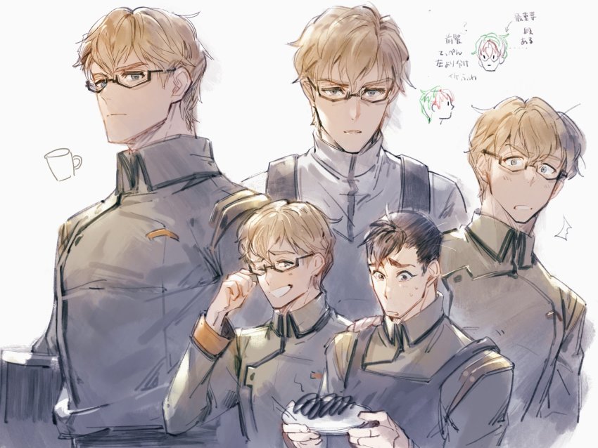 adam_(voltron) apron black_hair bomssp brown_hair burnt_food couple dark-skinned_male dark_skin glasses highres hyakujuu-ou_golion male_focus military military_uniform takashi_shirogane voltron:_legendary_defender voltron_(series)
