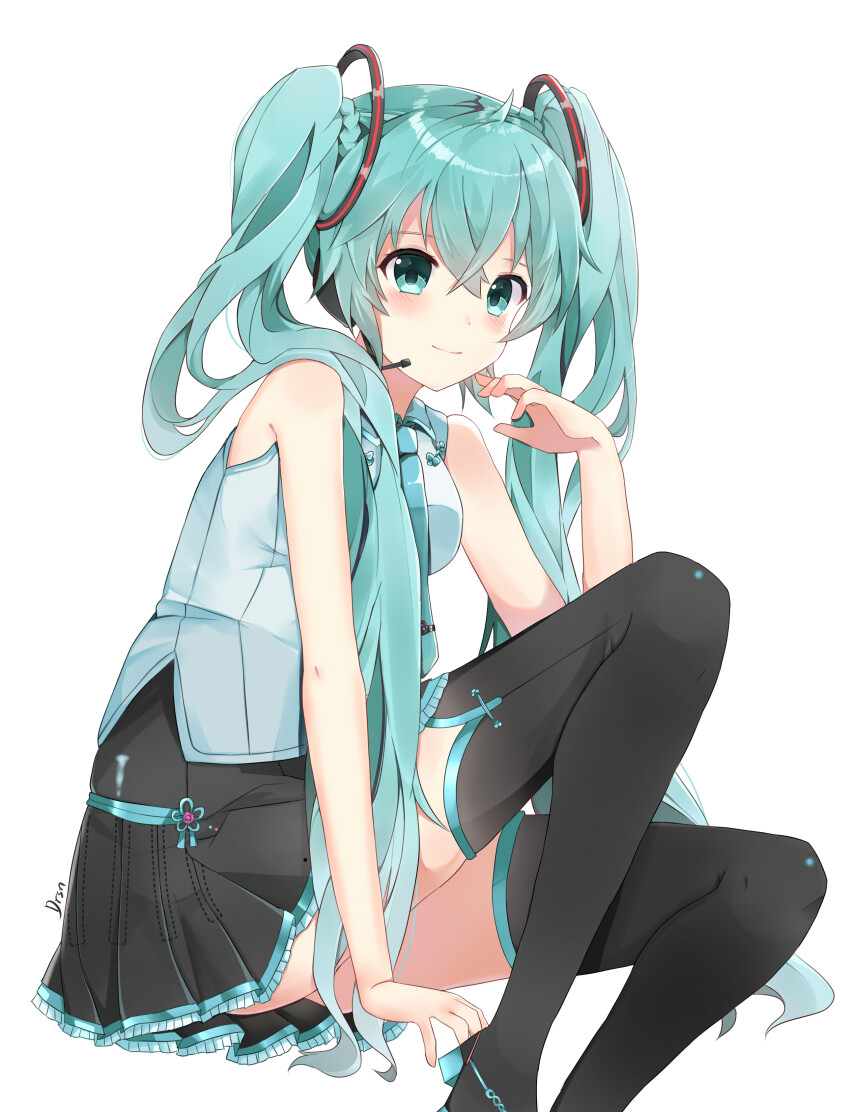 1girl absurdres aqua_eyes aqua_hair aqua_necktie arm_support bare_arms bare_shoulders black_boots black_skirt boots breasts closed_mouth from_side grey_shirt hair_between_eyes hand_up hatsune_miku hatsune_miku_(vocaloid4)_(chinese) headset highres knee_up long_hair looking_at_viewer miaosha_piaoxue miniskirt necktie pleated_skirt shirt simple_background sitting skirt sleeveless sleeveless_shirt smile solo thigh_boots twintails v4x very_long_hair vocaloid white_background