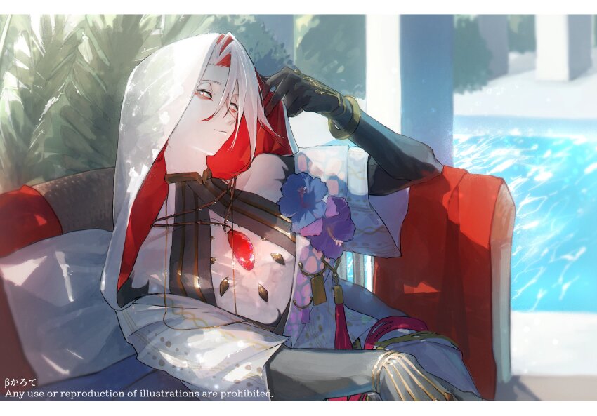 1boy border bracelet chain chest_jewel colored_inner_hair couch eyeshadow eyeshadow_under_eye fate/grand_order fate_(series) flower gold_bracelet gold_chain gold_choker gold_necklace gurukosamon highres hood hood_up jewelry karna_(fate) karna_(summer_outfit)_(fate) looking_at_viewer makeup male_focus multicolored_hair necklace official_alternate_costume open_clothes open_shirt pale_skin red_eyeshadow red_hair shirt short_hair sitting smile solo white_border white_hair white_shirt