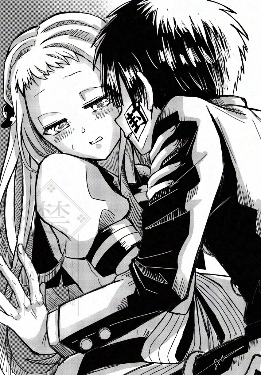 1boy 1girl 816ck3150 blush gakuran greyscale hair_ornament half-closed_eyes hanako_(jibaku_shounen_hanako-kun) highres jibaku_shounen_hanako-kun kamome_gakuen_school_uniform long_hair long_sleeves magatama magatama_hair_ornament monochrome parted_lips puffy_short_sleeves puffy_sleeves school_uniform short_bangs short_hair short_sleeves yashiro_nene