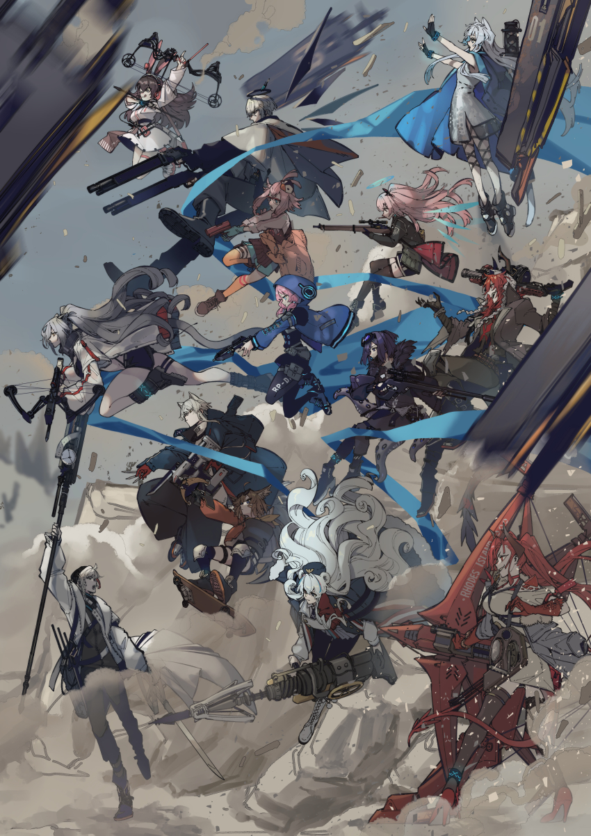 4boys 6+girls ;q absurdres aciddrop_(arknights) aiming ambriel_(arknights) andreana_(arknights) animal_ears aosta_(arknights) april_(arknights) arknights attack bear_ears blue_hair blue_jacket blue_poison_(arknights) bolt_action bow bow_(weapon) brown_hair brown_thighhighs cat_ears commentary_request crossbow demon_tail dust_cloud elysium_(arknights) energy_wings executor_(arknights) floating fork goggles goggles_on_head gun halo handgun high_ponytail highres holding holding_fork horns jacket jumping koryuu_(gackter10) lee-enfield long_hair low_twintails may_(arknights) multiple_boys multiple_girls one_eye_closed pink_hair ponytail red_hair rifle rosa_(arknights) rosmontis_(arknights) schwarz_(arknights) sesa_(arknights) smoke tail tentacles thighhighs toddifons_(arknights) tongue tongue_out twintails very_long_hair weapon white_hair white_jacket