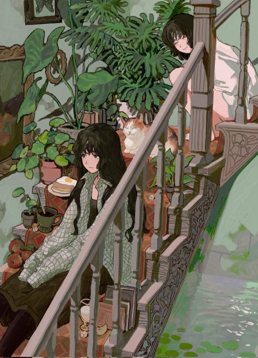 2girls animal apple banister black_hair black_pantyhose book bug butterfly cat closed_eyes cup flood food framed_insect fried_egg fruit grin hands_on_lap hasu_art highres indoors insect long_hair long_sleeves medium_skirt multiple_girls open_clothes open_shirt original painting_(object) pantyhose plant potted_plant shirt sitting skirt sleeves_past_wrists slice_of_life smile stairs water white_shirt