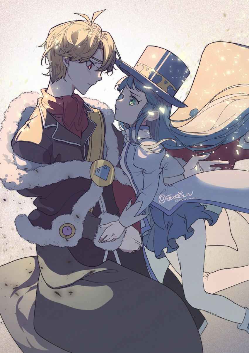 1boy 1girl artist_name blonde_hair blue_hair blue_hat blue_skirt bright_(futagohime) cape closed_mouth coat eye_contact fur_trim fushigiboshi_no_futago_hime green_eyes hat highres holding_hands jacket long_hair long_sleeves looking_at_another pants puffy_sleeves red_eyes rein_(futagohime) shirt short_hair skirt top_hat xi_yuu