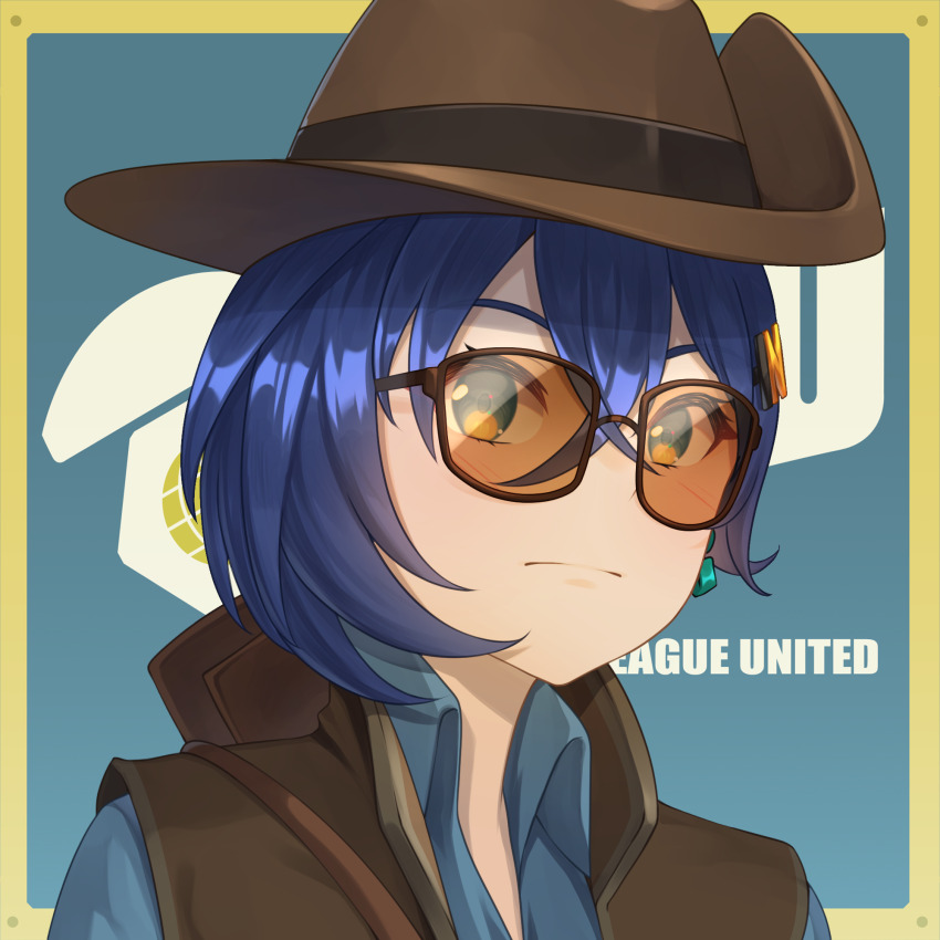 1girl acrylicstroke belle_(zenless_zone_zero) blu_sniper_(tf2) blue_eyes blue_hair blue_shirt brown_vest closed_mouth collared_shirt commission commissioner_upload cosplay earrings hat highres jewelry looking_at_viewer non-web_source shirt short_hair single_earring sniper_(tf2) sniper_(tf2)_(cosplay) solo sunglasses team_fortress_2 upper_body vest zenless_zone_zero