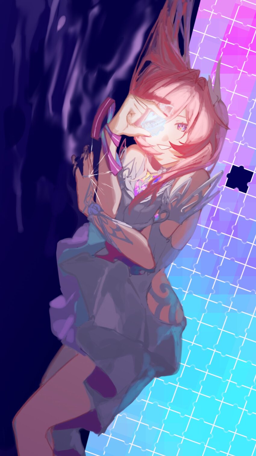 1boy akaguchi_35 bare_shoulders commentary_request cyrene_(honkai:_star_rail) cyrene_(ripples_of_past_reverie)_(honkai:_star_rail) dress feet_out_of_frame hair_ribbon hand_up highres holding holding_puzzle_piece honkai:_star_rail honkai_(series) jewelry long_hair looking_at_object lying off-shoulder_dress off_shoulder official_alternate_costume official_alternate_hairstyle on_side pink_hair purple_eyes purple_pupils puzzle_piece ribbon ring short_sleeves smile solo sparkle teeth water white_dress white_ribbon