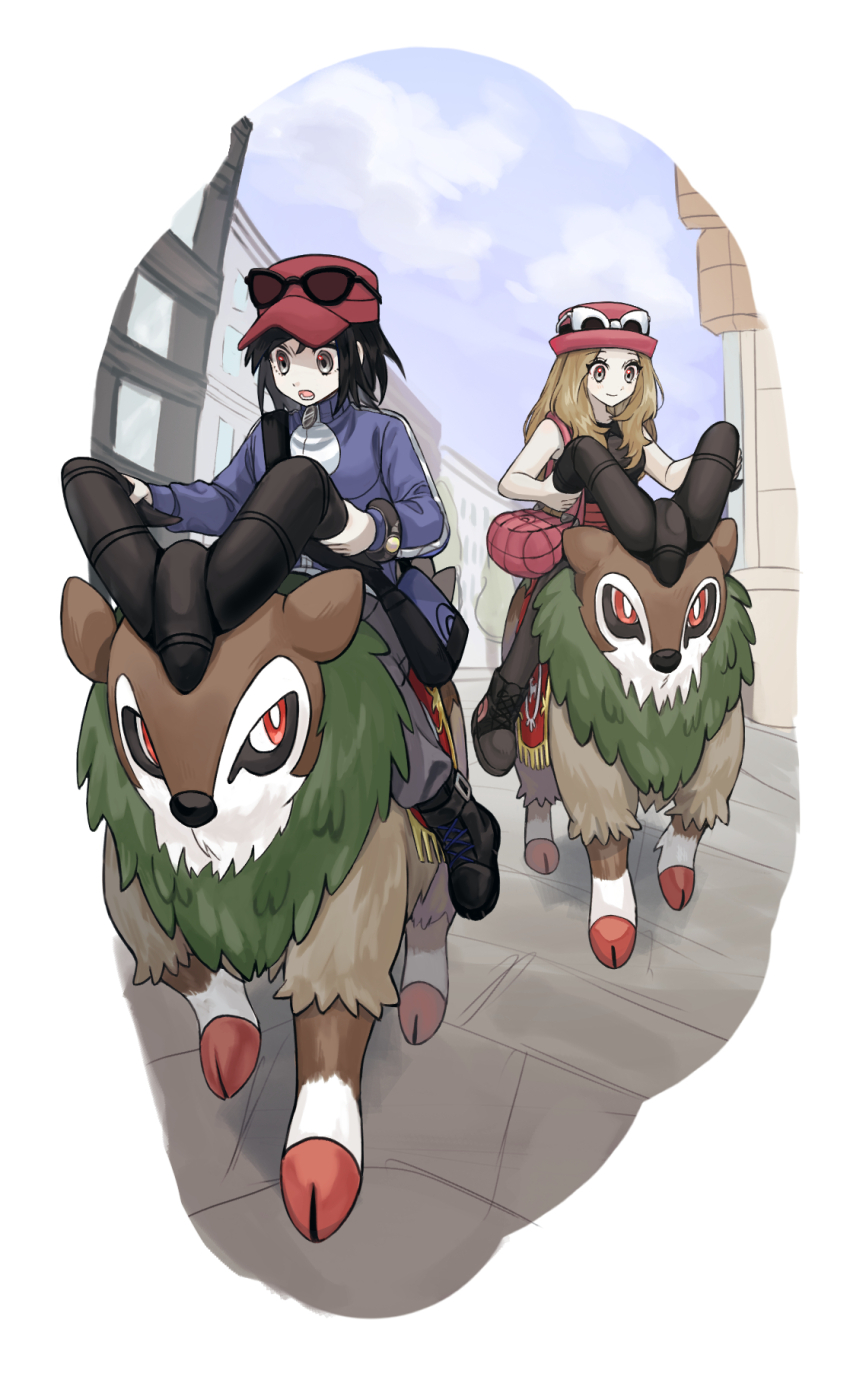 1boy 1girl animal_nose black_hair black_shirt blonde_hair blue_jacket blue_sky bright_pupils brown_fur building calem_(pokemon) cloud eyewear_on_headwear fluffy gen_6_pokemon goat gogoat green_fur grey_eyes hat highres holding_another&#039;s_horns hooves jacket long_hair lumiose_city mega_ring multicolored_fur nintendo open_mouth pale_skin pink_bag pokemon pokemon_(creature) pokemon_focus pokemon_xy porkpie_hat red_eyes red_hat riding riding_pokemon sangrja_223 serena_(pokemon) shirt short_hair sky sleeveless sleeveless_shirt smile sunglasses tree turtleneck turtleneck_jacket white-framed_eyewear white_fur white_pupils zipper_pull_tab