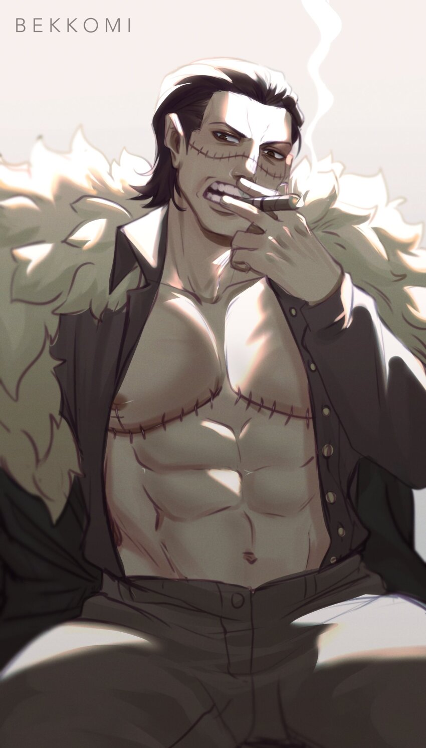 1boy abs bekkomi black_hair cigar coat crocodile_(one_piece) feet_out_of_frame fur_coat hair_slicked_back highres large_pectorals looking_to_the_side male_focus mastectomy_scar mature_male muscular muscular_male navel nipples one_piece open_clothes open_shirt pectoral_cleavage pectorals scar scar_on_chest scar_on_face short_hair smoking solo spread_legs stitches stomach