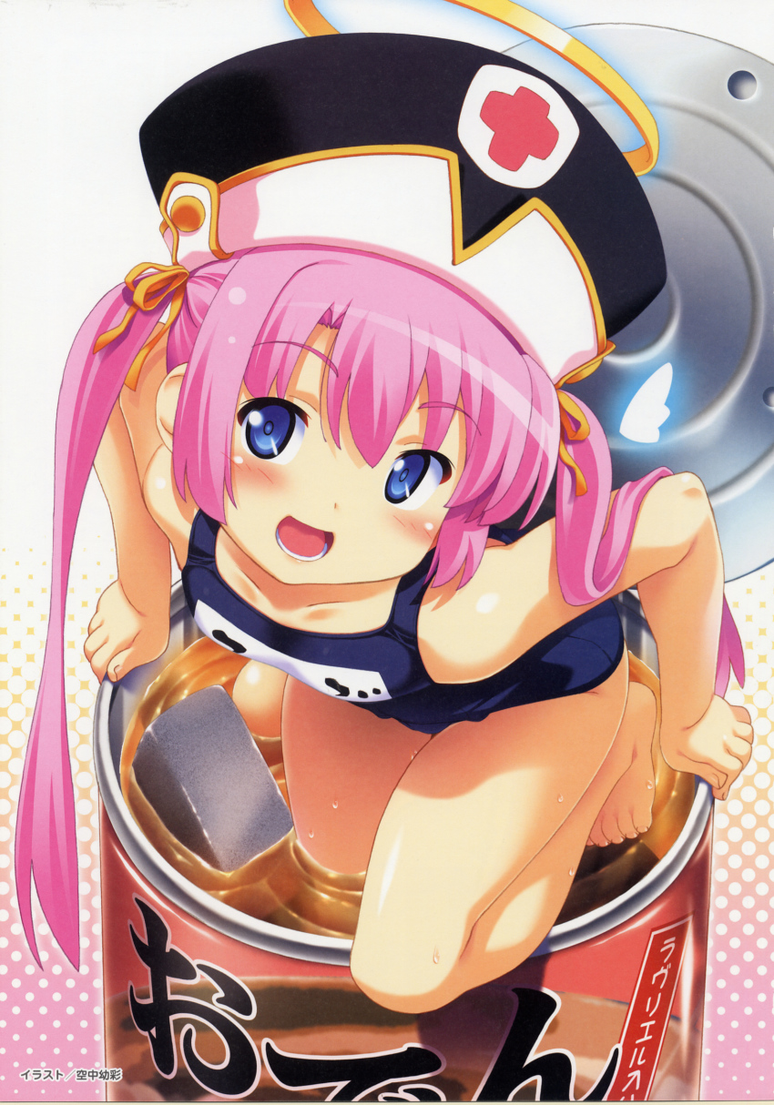 1girl angel barefoot blue_eyes blush egg female_focus food halo hat highres in_container in_food kuuchuu_yousai long_hair luvriel makai_tenshi_djibril mini_person minigirl oden one-piece_swimsuit oversized_object pink_hair school_swimsuit solo swimsuit twintails very_long_hair wings
