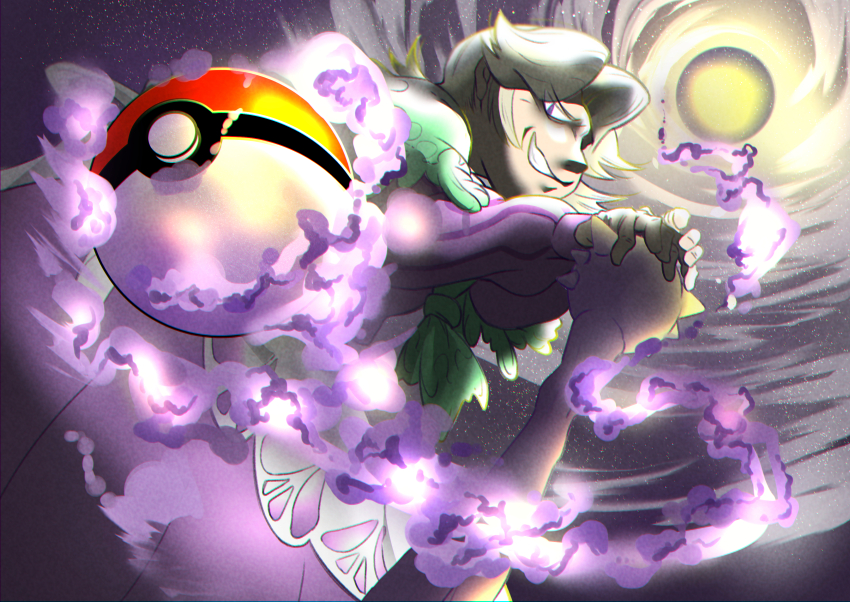 1girl absurdres agatha_(pokemon) aura cane dress grey_hair grin highres in-sea medium_hair nintendo poke_ball pokemon pokemon_lgpe purple_dress purple_eyes smile