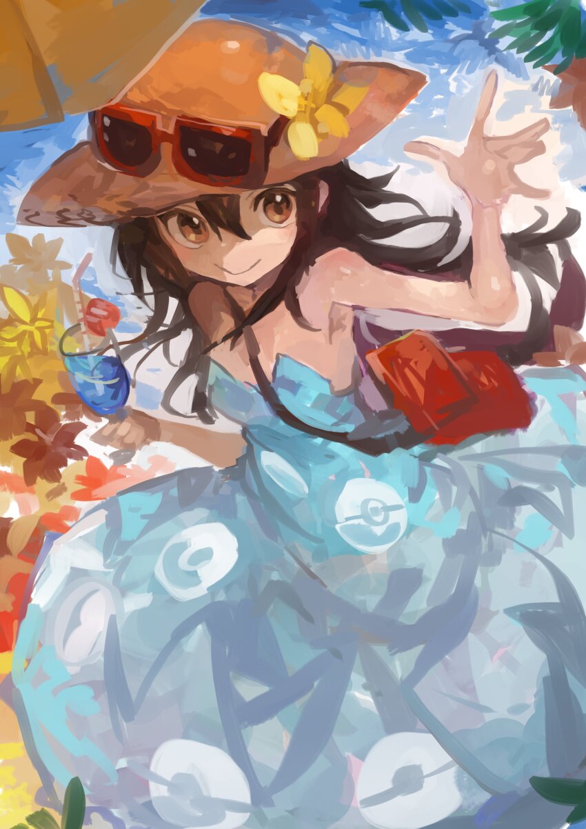 1girl absurdres bag black_hair blush breasts brown_eyes brown_hair brown_hat closed_mouth cup dress eyewear_on_headwear flower hair_between_eyes hat hat_flower highres holding holding_cup kaamin_(mariarose753) long_hair looking_at_viewer nintendo orange-framed_eyewear poke_ball_print poke_ball_symbol poke_ball_theme pokemon pokemon_sm red_bag sightseer_(pokemon) smile solo strapless strapless_dress straw_hat sun_hat sunglasses yellow_flower