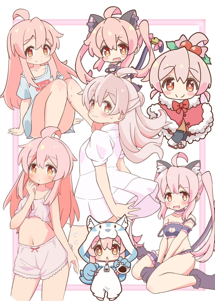 1girl :| ahoge animal_ear_fluff animal_ear_hood animal_ears animal_hands arms_at_sides bare_shoulders between_legs black_bra black_choker black_panties blue_shirt blush blush_stickers bra breasts brown_eyes c: capelet cat_ears cat_lingerie cat_tail chibi chibi_inset choker cleavage cleavage_cutout closed_mouth clothing_cutout collarbone commentary_request convenient_leg cosplay covering_ass covering_privates cowboy_shot dog_ears dress fake_animal_ears fake_tail floating_hair flying_sweatdrops foot_out_of_frame frilled_bra frilled_choker frilled_panties frills fur-trimmed_capelet fur_trim genderswap genderswap_(mtf) gloves hair_between_eyes hair_bobbles hair_ornament hand_between_legs hands_up highres hood hood_up kigurumi knees_together_feet_apart knees_up light_brown_hair long_hair looking_at_viewer meme_attire multiple_views onii-chan_wa_oshimai! open_mouth oyama_mahiro pajamas panties paw_gloves paw_shoes pon_sugar puffy_short_sleeves puffy_sleeves santa_capelet santa_costume shirt short_sleeves sidelocks simple_background sitting small_breasts smile split_mouth standing strap_slip tail tareme twintails underwear wariza wavy_mouth white_background white_dress white_pajamas wind wind_lift
