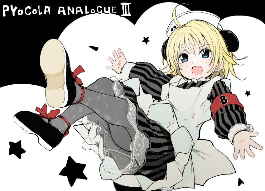 1girl ahoge animal_ears apron armband black_dress black_shoes blonde_hair blue_eyes character_name commentary_request di_gi_charat dress extra_ears fang full_body grey_pantyhose hat highres kinomoto_(nazonoinu) long_sleeves medium_hair nurse_cap open_mouth outstretched_arms panda_ears pantyhose piyoko print_pantyhose red_armband shoes skin_fang smile solo spread_arms striped_clothes striped_dress white_apron white_hair
