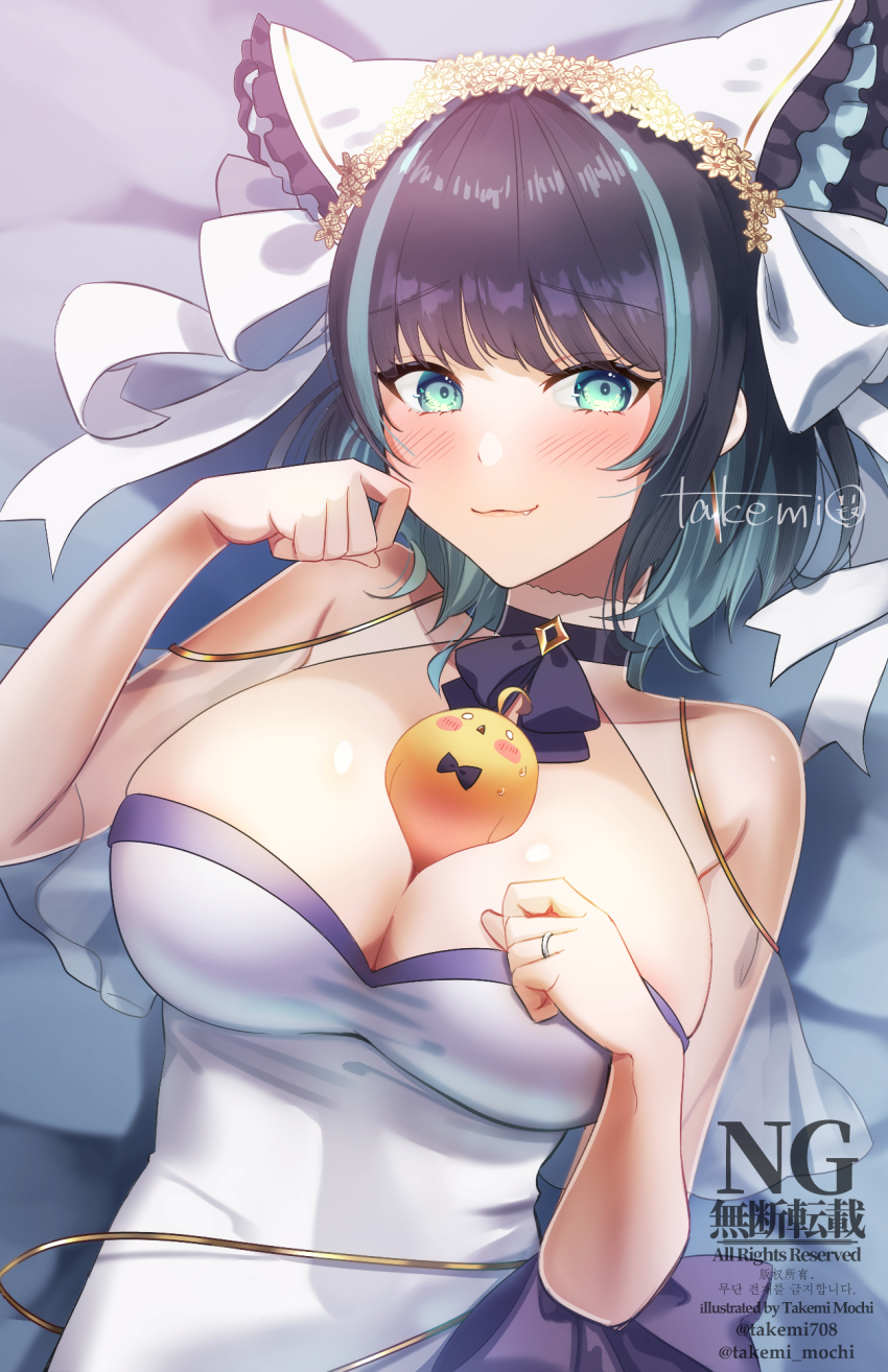 1girl alternate_costume animal_band artist_name azur_lane between_breasts black_hair blue_eyes blush breasts cheshire_(azur_lane) cleavage dress english_text highres indoors large_breasts long_ribbon looking_at_viewer lying manjuu_(azur_lane) multicolored_hair ribbon smile sparkle streaked_hair takemi_mochi twitter_username white_dress