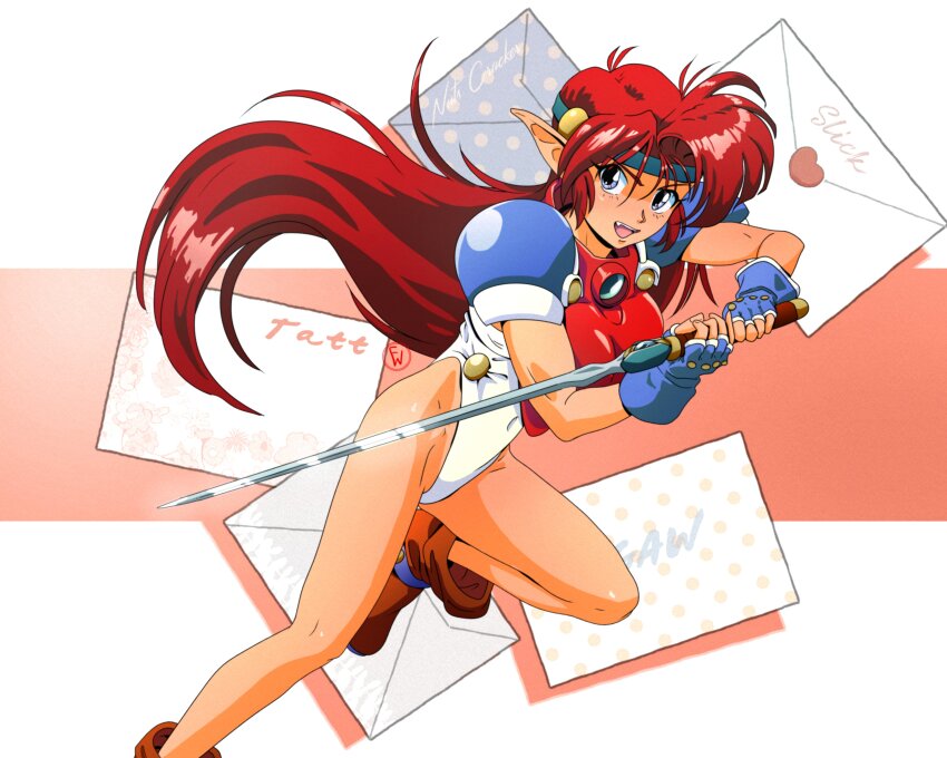 absurdres armor blue_gloves blue_headband boots brown_boots commentary english_commentary envelope fang fingerless_gloves fritz_willie gloves headband highres holding holding_sword holding_weapon leotard long_hair looking_at_viewer mail_(popful_mail) open_mouth pointy_ears popful_mail red_hair running shoulder_armor sword weapon white_leotard