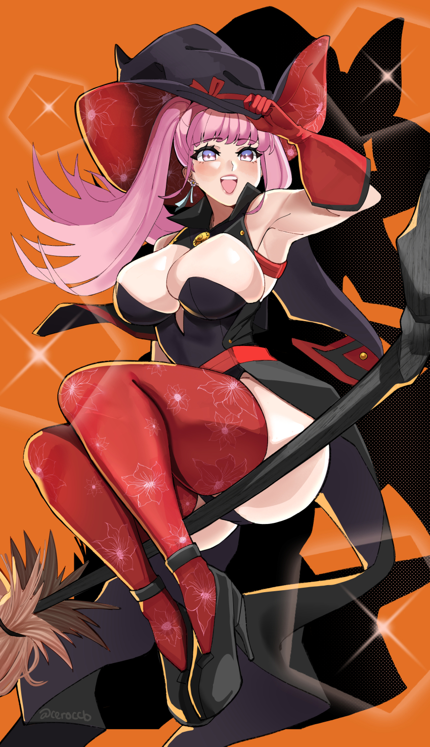 1girl :d absurdres alternate_costume armpits bare_shoulders black_footwear black_hat breasts broom ceroccb cleavage commentary costume earrings english_commentary female_focus fire_emblem fire_emblem:_three_houses gloves halloween halloween_costume hat high_heels highres hilda_valentine_goneril jewelry large_breasts long_hair nintendo open_mouth orange_background pink_hair pink_lips purple_eyes red_gloves red_thighhighs sitting smile solo thick_thighs thighhighs thighs twitter_username witch_hat