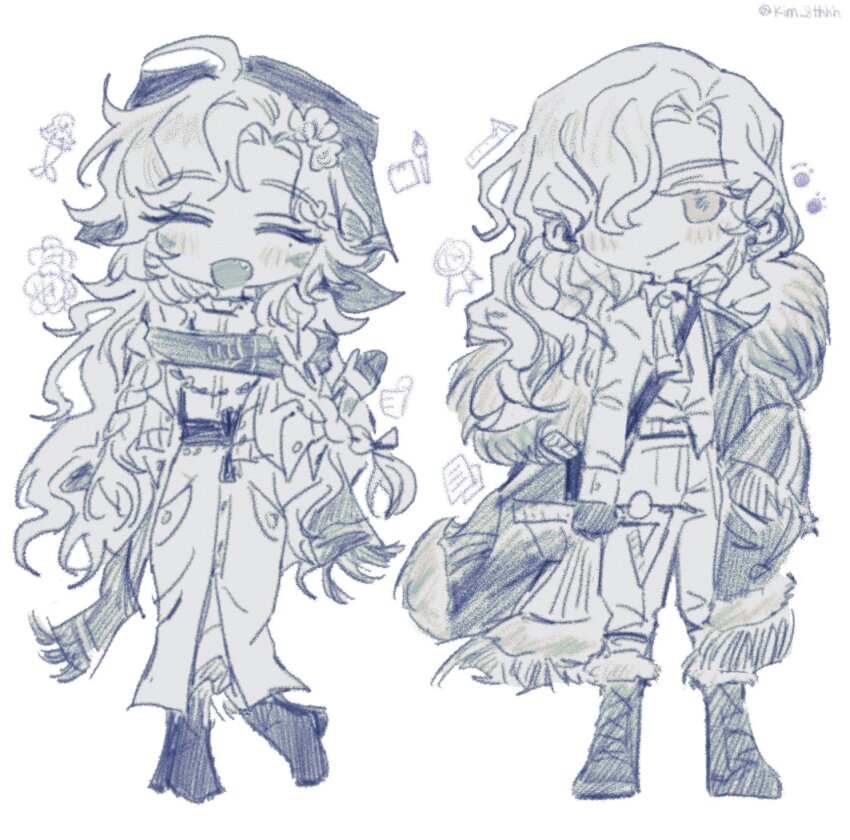 2girls ^_^ ahoge arm_out_of_sleeve bag boots closed_eyes closed_mouth coat deformed fang flower fur-trimmed_coat fur_trim greyscale hair_flower hair_ornament hair_over_one_eye headscarf highres holding_ruler jacket kim_8thhh long_hair long_skirt looking_at_viewer monochrome multiple_girls one_eye_covered open_mouth pants reverse:1999 scarf shirt shoulder_bag skirt smile standing vila_(reverse:1999) white_background windsong_(reverse:1999)