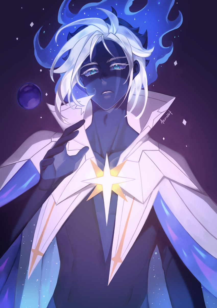 1boy absurdres artist_name blue_eyes blue_fire blue_hair blue_skin capelet colored_skin cookie_run cookie_run:_kingdom fire highres humanization looking_at_viewer miomawla multicolored_hair personification short_hair solo space star_(symbol) stardust_cookie two-tone_hair white_capelet white_hair