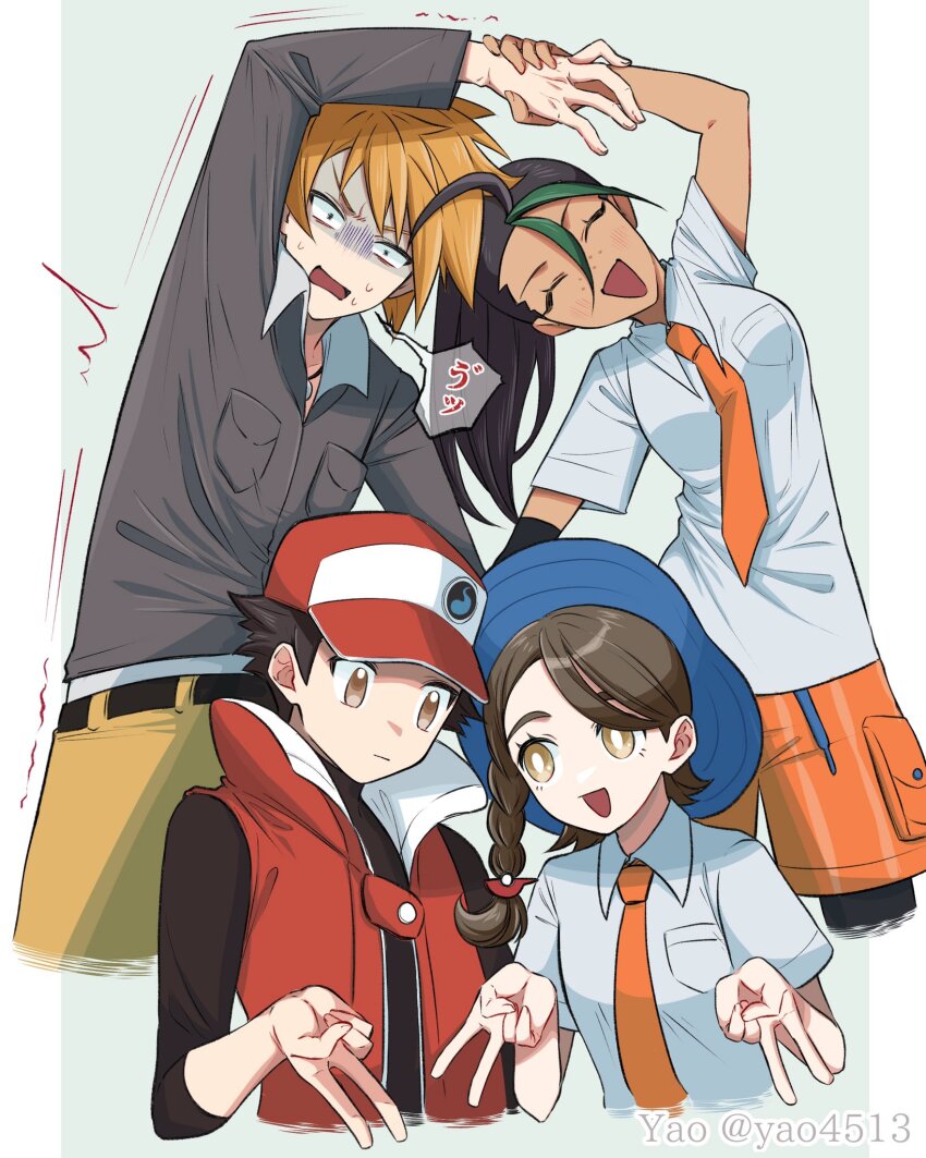 2boys 2girls :d ^_^ arm_up artist_name asymmetrical_bangs bare_arms baseball_cap belt black_gloves black_hair black_shirt blue_background blue_hat blue_oak braid breast_pocket breasts brown_eyes brown_hair brown_pants closed_eyes collared_jacket collared_shirt commentary_request creatures_(company) dark-skinned_female dark_skin elbow_gloves flinch freckles game_freak gloves green_hair grey_jacket gyaru_v hair_ornament hand_grab happy hat heart_arms_duo highres jacket jewelry leaning_to_the_side long_hair looking_at_another looking_at_viewer medium_breasts medium_hair multicolored_hair multiple_boys multiple_girls naranja_academy_school_uniform necklace nemona_(pokemon) nintendo open_mouth orange_shorts pants pantyhose pantyhose_under_shorts pillarboxed pocket pokemon pokemon_hgss pokemon_masters_ex pokemon_sv ponytail red_(pokemon) red_(sygna_suit)_(pokemon) red_hat red_jacket school_uniform shirt short_hair shorts side_braid single_braid single_elbow_glove sleeveless sleeveless_jacket small_breasts smile speech_bubble standing striped_clothes striped_shorts sun_hat sweat swept_bangs turn_pale twitter_username two-tone_hair v vertical-striped_clothes vertical-striped_shorts white_shirt yao_(evep3835)