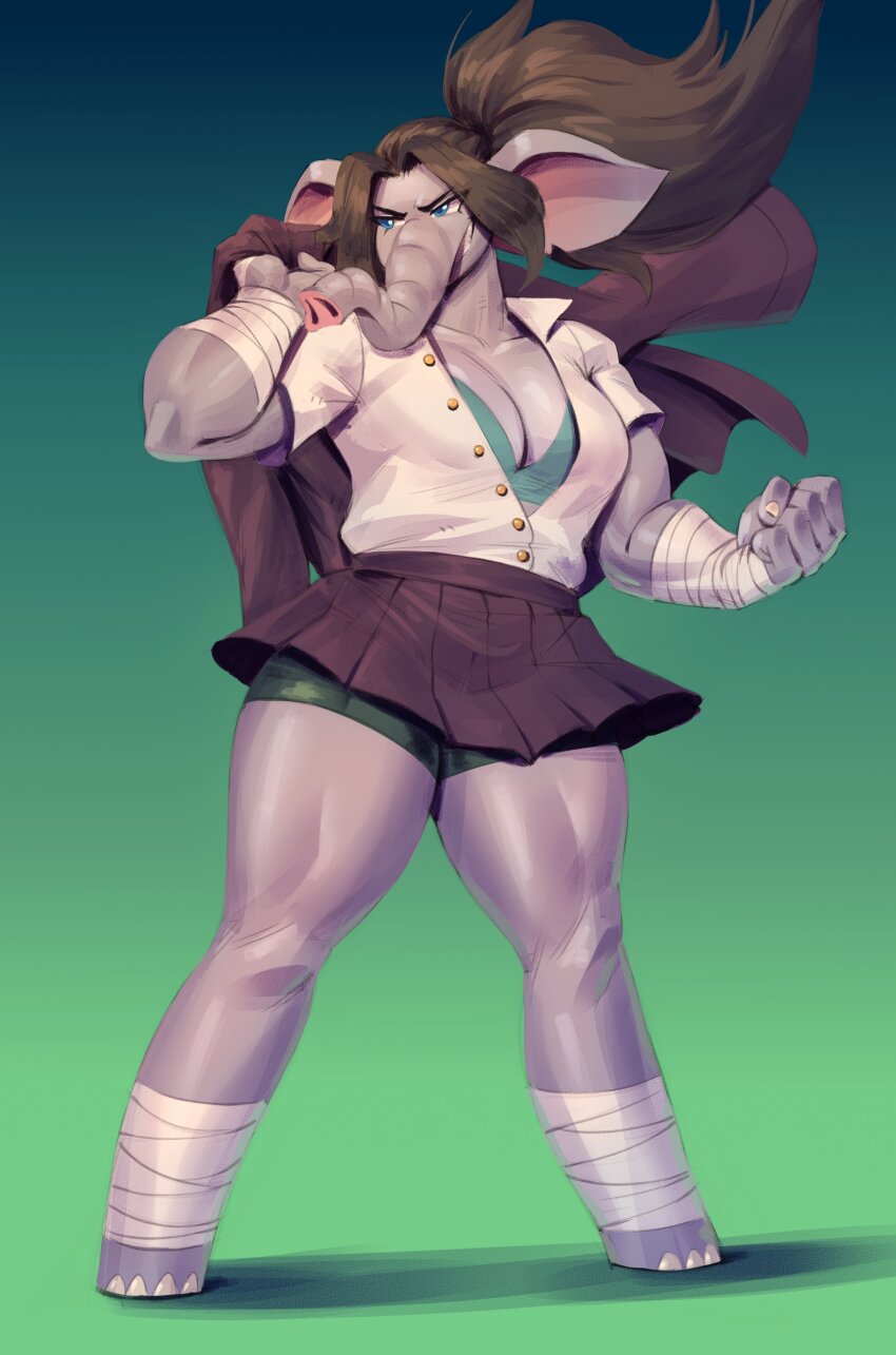 1girl absurdres animal_ears bike_shorts bike_shorts_under_skirt black_jacket black_skirt blue_eyes bra breasts brown_hair cleavage clenched_hand colored_skin elephant_ears elephant_girl full_body furry furry_female gradient_background green_background green_bra green_shorts grey_skin highres holding_unworn_jacket jacket jacket_over_shoulder large_breasts long_hair miniskirt ocorvo_r open_clothes open_shirt original pleated_skirt proboscis shirt shorts skirt solo standing underwear unworn_jacket white_shirt