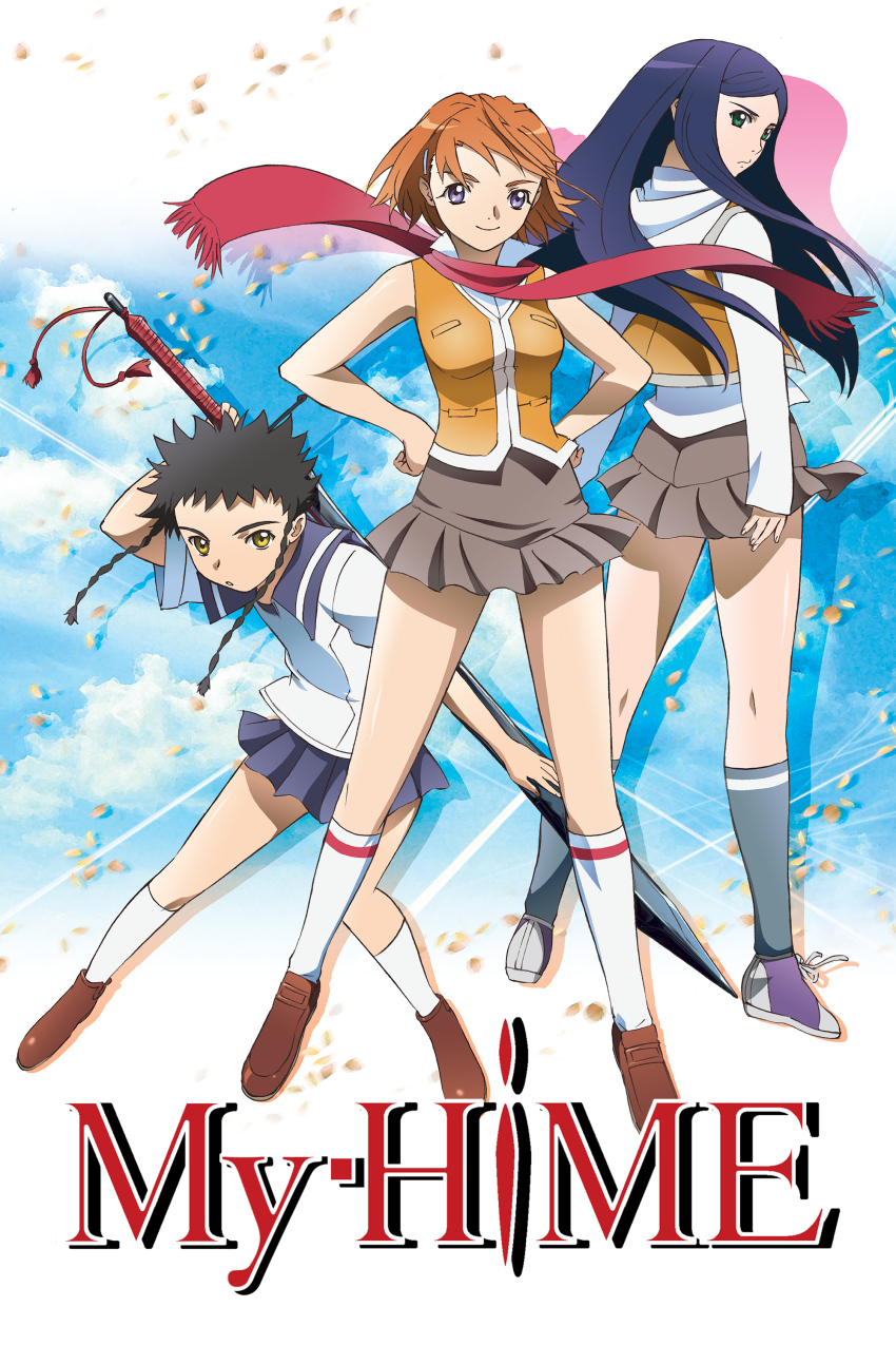 3girls absurdres arm_up back black_hair blue_hair blue_sailor_collar blue_skirt blue_sky braid braided_sidelocks brown_shoes brown_skirt closed_mouth cloud cloudy_sky copyright_name fingernails frilled_skirt frills fringe_trim from_behind full_body fuuka_academy_school_uniform green_eyes grey_socks hair_ornament hairclip hands_on_own_hips high-waist_skirt highres hisayuki_hirokazu holding holding_behind_back holding_sword holding_weapon holding_weapon_behind_back jacket kneehighs kneepits kuga_natsuki leaning_forward loafers long_hair looking_at_viewer looking_back looking_to_the_side minagi_mikoto miniskirt multiple_girls my-hime official_art orange_hair parted_bangs parted_lips pleated_skirt purple_eyes purple_shoes red_scarf sailor_collar sailor_shirt scarf school_uniform shirt shoes short_bangs short_hair short_hair_with_long_locks short_sleeves skirt sky sleeveless sleeveless_jacket smile sneakers socks spiked_hair standing sword thighs third-party_source tokiha_mai twin_braids weapon white_shirt white_socks yellow_eyes yellow_jacket