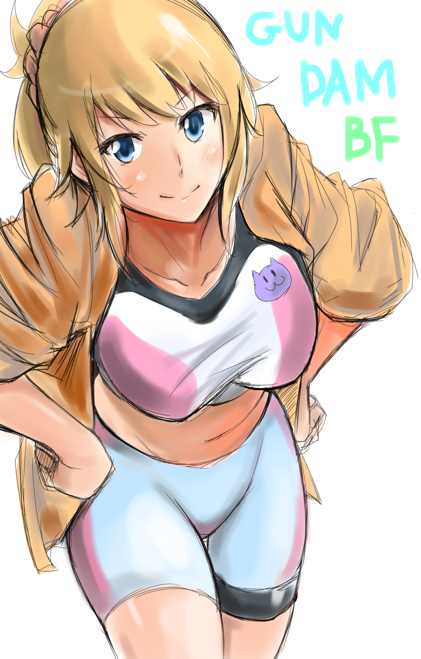 1girl absurdres animal_print blonde_hair blue_eyes breasts cat_print commentary_request copyright_name duralu500 gundam gundam_build_fighters gundam_build_fighters_try hands_on_own_hips highres hoshino_fumina large_breasts light_blush looking_at_viewer open_clothes open_shirt pink_sports_bra ponytail shorts simple_background smile solo sports_bra two-tone_sports_bra white_background white_shorts white_sports_bra