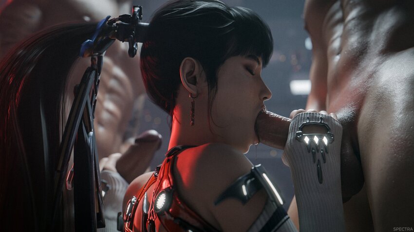 1girl 2boys 3d abs black_hair blender_(medium) closed_eyes commentary detached_sleeves earrings english_commentary erection eve_(stellar_blade) fellatio group_sex hair_ornament handjob hetero highres jewelry long_hair mmf_threesome multiple_boys muscular muscular_male oral penis ponytail spectra_3d stellar_blade threesome