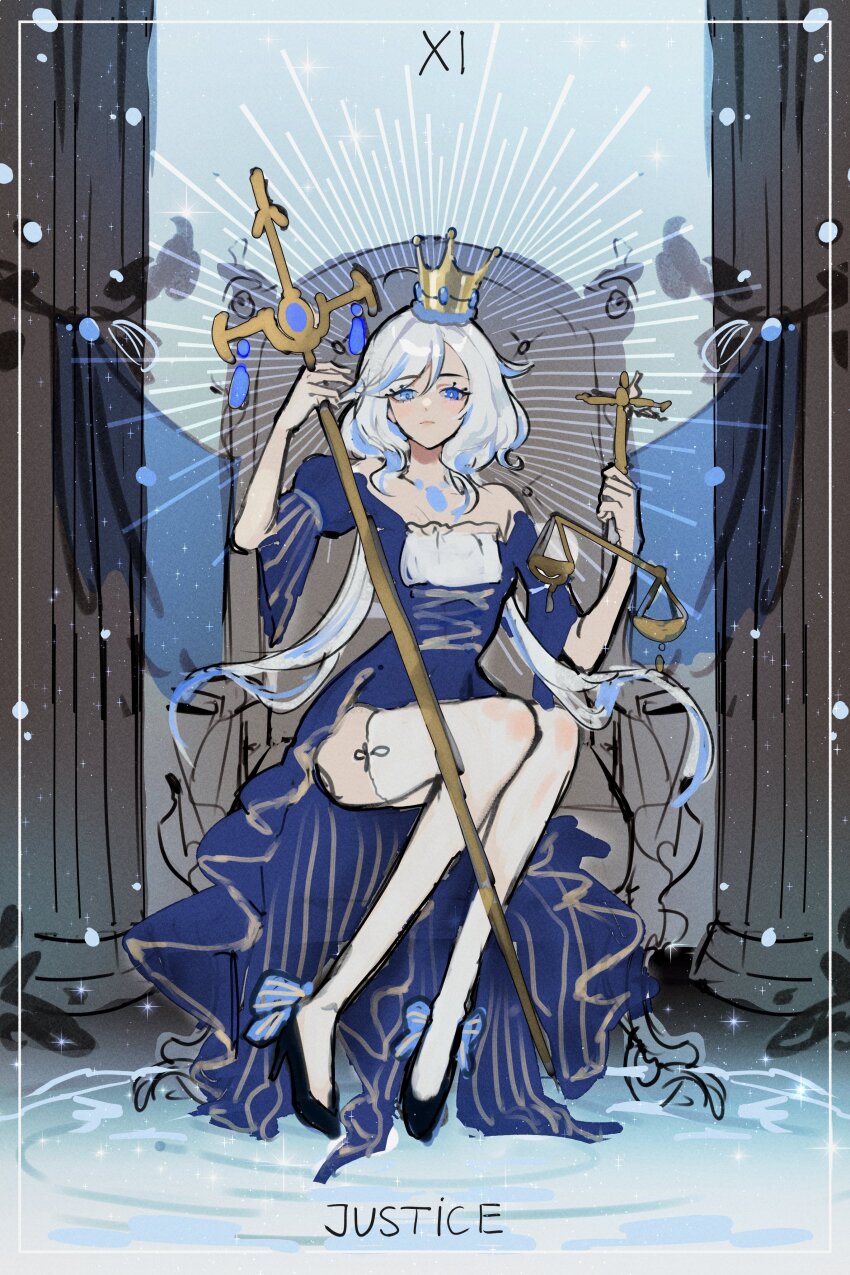 1girl absurdres ankle_bow ankle_ribbon architecture balance_scale black_footwear blue_bow blue_dress blue_eyes blue_gemstone blue_hair bow card card_(medium) column crown curtains dress drop-shaped_pupils evangellium framed_breasts furina_(genshin_impact) gem genshin_impact hair_between_eyes high_heels highres holding holding_staff justice_(tarot) leg_ribbon light_blue_hair long_hair looking_at_viewer low_twintails mismatched_pupils pillar ribbon short_sleeves showgirl_skirt sitting solo staff symbol-shaped_pupils tarot tarot_card tarot_(medium) thighhighs throne twintails weighing_scale white_thighhighs