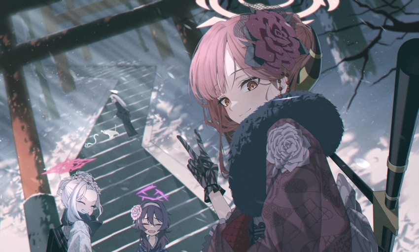 4girls aru_(blue_archive) aru_(new_year)_(blue_archive) bag black_bag black_gloves black_kimono black_scarf blue_archive blush brown_eyes closed_eyes demon_girl demon_horns floral_print flower forest fur_trim gloves hair_between_eyes hair_bun hair_flower hair_ornament hairband haruka_(blue_archive) haruka_(new_year)_(blue_archive) holding holding_bag horns hosun japanese_clothes kayoko_(blue_archive) kayoko_(new_year)_(blue_archive) kimono long_hair looking_at_viewer medium_hair multicolored_hair multiple_girls multiple_torii mutsuki_(blue_archive) mutsuki_(new_year)_(blue_archive) nature open_mouth pink_flower pointy_ears purple_hair purple_kimono red_flower red_hair red_kimono scarf sidelocks sitting sitting_on_stairs smile stairs torii v white_flower white_hair white_hairband white_kimono