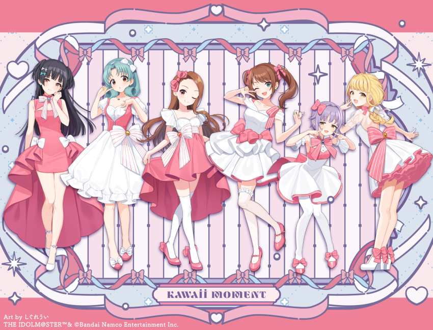 1boy 5girls artist_name black_hair blonde_hair bow braid brown_eyes brown_hair closed_mouth company_name copyright_name copyright_notice crossdressing crossdressing_(mtf) dress fujita_kotone gakuen_idolmaster green_eyes green_hair hair_bow hashtag-only_commentary high_heels highres idolmaster idolmaster_(classic) idolmaster_cinderella_girls idolmaster_million_live! idolmaster_shiny_colors idolmaster_side-m koshimizu_sachiko long_hair looking_at_viewer mayuzumi_fuyuko minase_iori mizushima_saki multiple_girls one_eye_closed open_mouth pink_bow pink_dress pink_shoes purple_hair shigure_ui shoes smile standing thighhighs tokugawa_matsuri trap twintails two_side_up w white_dress white_shoes white_thighhighs