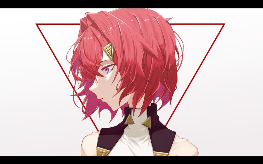 1girl ange_katrina ange_katrina_(1st_costume) bare_shoulders closed_mouth commentary_request expressionless eyelashes hair_intakes hair_ornament highres ikvugzu5zu51627 letterboxed lips long_bangs looking_to_the_side nijisanji portrait purple_eyes red_hair short_hair solo triangle triangle_background triangle_hair_ornament turning_head virtual_youtuber white_background