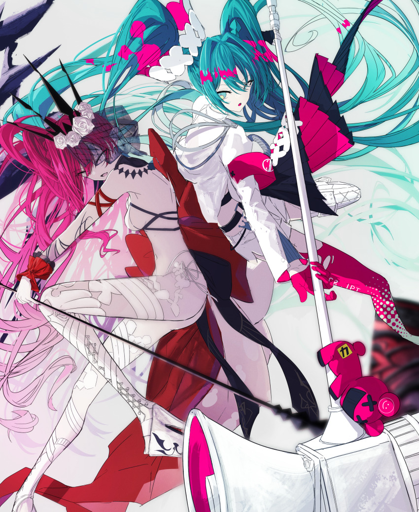 2girls absurdres aqua_eyes aqua_hair baobhan_sith_(fate) baobhan_sith_(swimsuit_pretender)_(fate) baobhan_sith_(swimsuit_pretender)_(third_ascension)_(fate) bikini boots detached_collar fate/grand_order fate_(series) flower gloves goodsmile_racing grey_eyes hair_flower hair_ornament hammer hatsune_miku highres jacket long_hair looking_at_viewer multiple_girls navel open_mouth pink_gloves pink_hair platform_footwear platform_heels racing_miku racing_miku_(2025) side_ponytail swimsuit thigh_boots tiara twintails veil vocaloid white_bikini white_flower white_jacket yagi_(yagi5art)