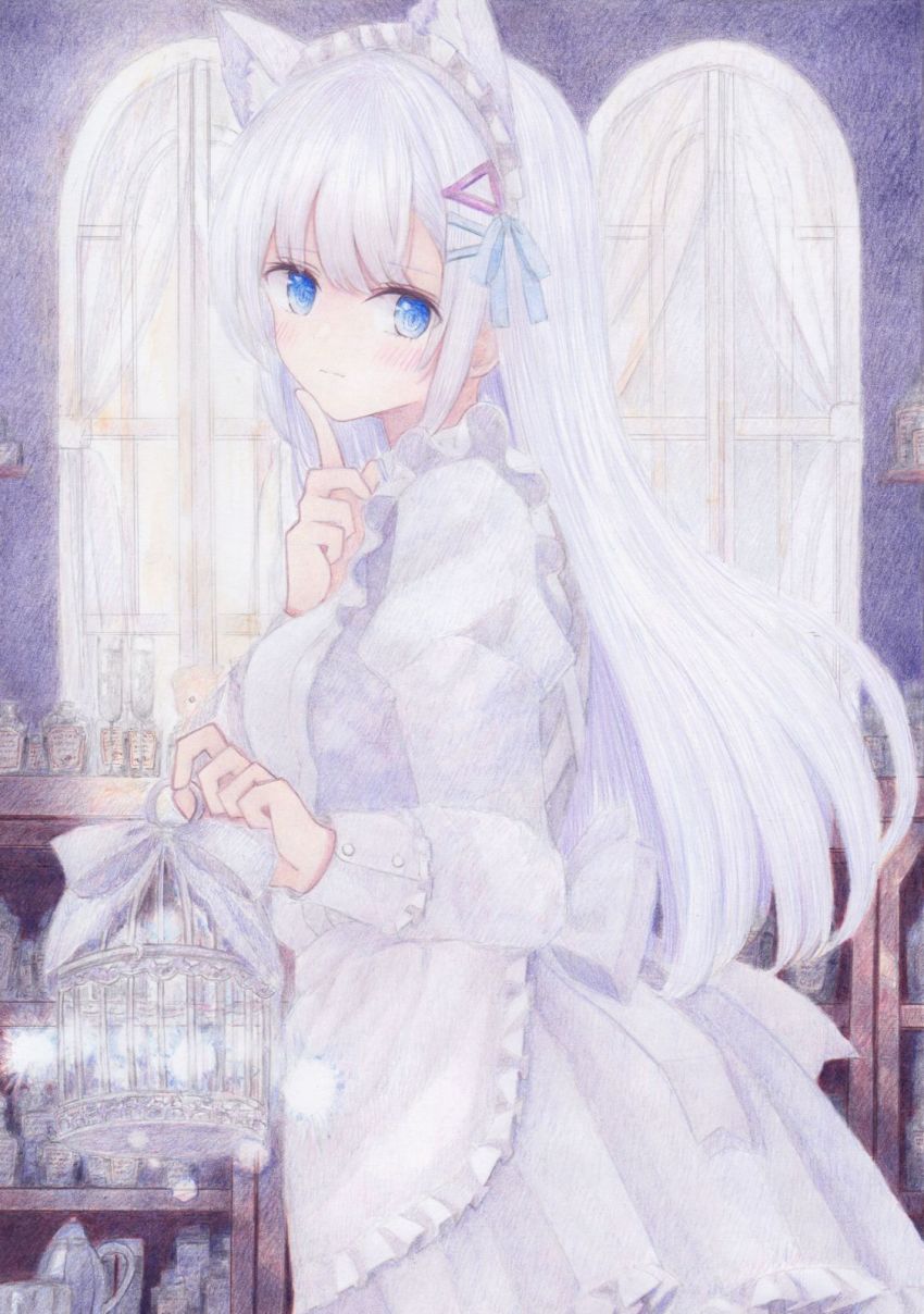 1girl animal_ears apron blue_eyes blush cat_ears closed_mouth colored_pencil_(medium) darkkanan dress eyes_visible_through_hair frilled_apron frilled_dress frills hair_between_eyes hair_ribbon highres indoors long_hair long_sleeves looking_at_viewer maid maid_apron maid_headdress original painting_(medium) pinafore_dress ribbon sidelocks sleeveless_dress solo standing traditional_media watercolor_(medium) white_dress white_hair