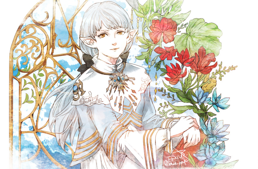 1girl ameliance_leveilleur black_bow blue_flower blue_sky bow closed_mouth cloud commentary_request copyright_name elezen elf final_fantasy final_fantasy_xiv flower grey_hair greyscale hair_bow long_hair long_sleeves low_ponytail monochrome orange_eyes pointy_ears ponytail red_flower ruka_(blueplus84) sky smile solo twitter_username yellow_flower