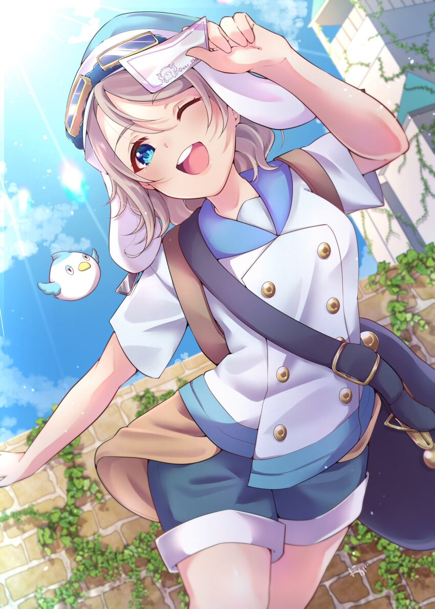 1girl backpack bag bird blue_skirt brick brick_wall building cloud cloudy_sky envelope genjitsu_no_yohane goggles goggles_on_head hat highres looking_to_the_side love_live! love_live!_sunshine!! mailman nigauri outdoors plant running sailor_collar shirt short_hair short_sleeves shorts shoulder_bag skirt sky solo sun sunlight thighs vines watanabe_you you_(genjitsu_no_yohane)