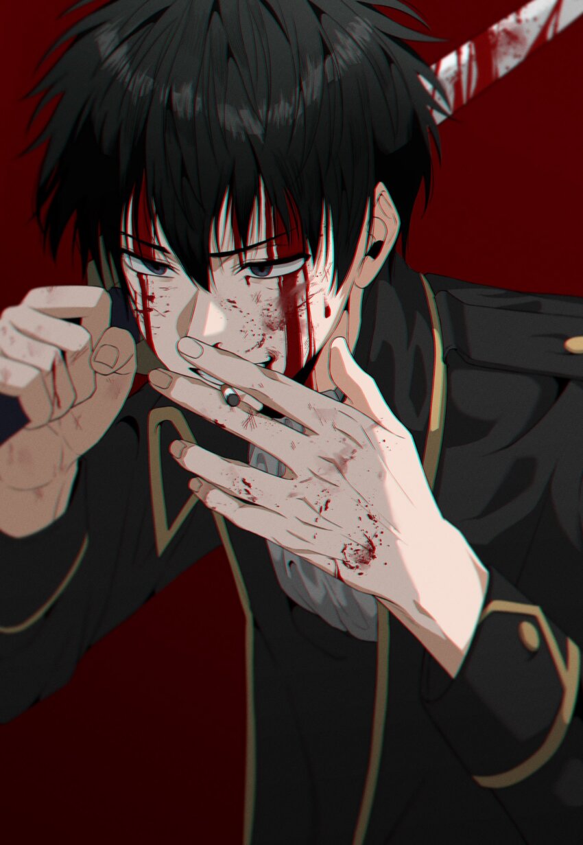 1boy black_hair black_jacket blood blood_on_face blood_on_hands blue_eyes cigarette fingernails gintama hair_between_eyes highres hijikata_toushirou holding jacket katana long_sleeves looking_to_the_side male_focus over_shoulder red_background short_hair solo sword weapon weapon_over_shoulder yorozuya37