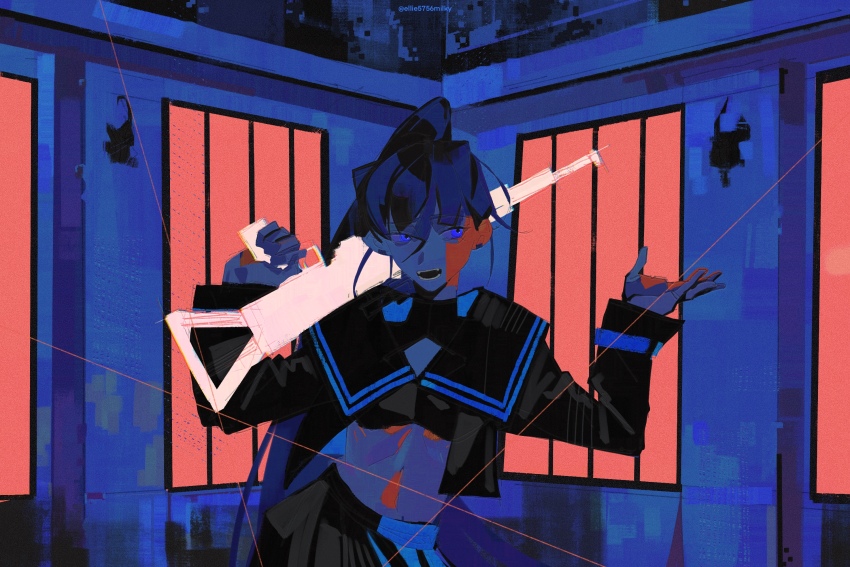 1girl ado_(utaite) black_shirt black_skirt blue_eyes blue_hair commentary earclip ellie_niunai_zhuyi_zhe english_commentary fangs gun highres limited_palette long_sleeves midriff naima_(ado) open_mouth ponytail shirt skirt solo teeth usseewa weapon window