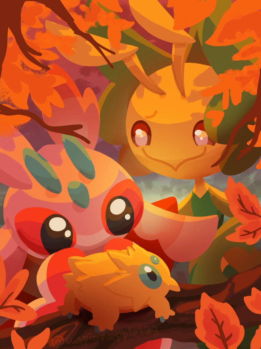 1girl 1other absurdres antennae arthropod_girl arthropod_limbs autumn blue_eyes closed_mouth colored_sclera colored_skin furry furry_female game_freak gen_5_pokemon gen_7_pokemon highres joltik leavanny looking_at_another lurantis mantis_girl nintendo no_mouth outdoors pink_eyes pink_skin pokemon pokemon_(creature) praying_mantis red_sclera suspineapple123 white_skin yellow_skin